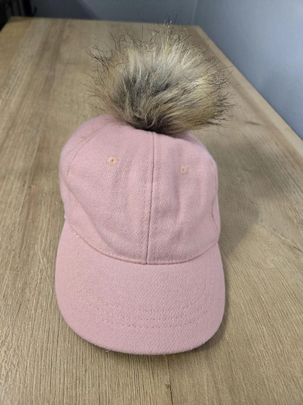 H&M Girls Pink Wool Blend Faux Fur Pom Pom Baseball Cap Hat 1.5-4Y